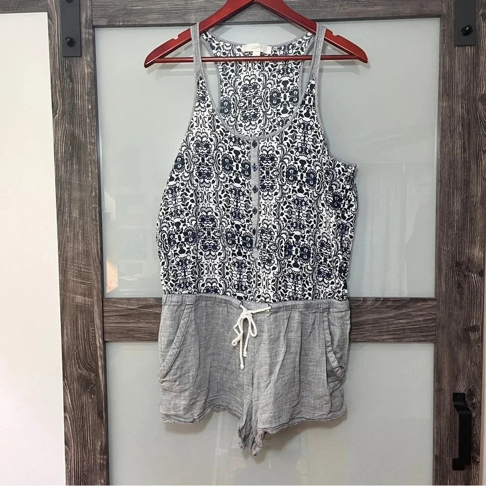 Ann Taylor LOFT Blue & Gray Floral Nautical 100% Cotton Romper Women’s L